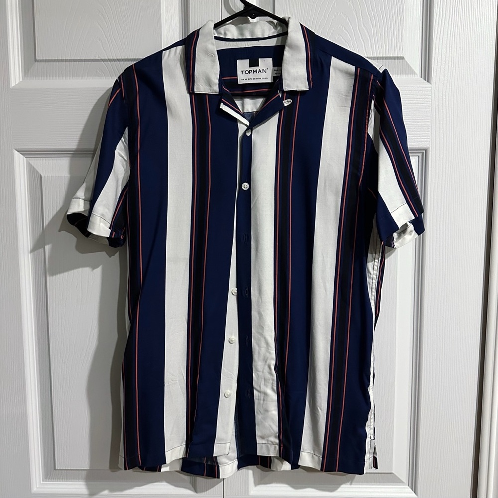 Topman Men Striped button down up casual summer shirt white red blue